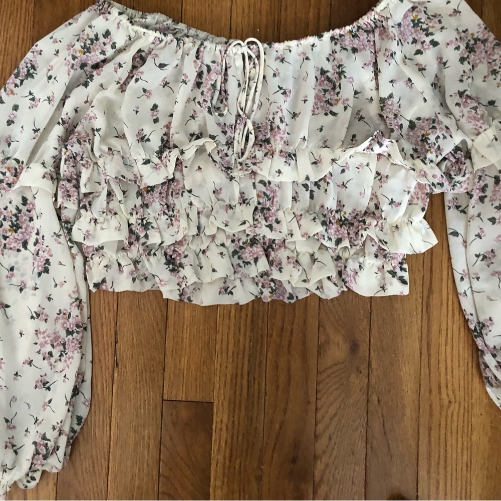 Pinch Cream and Pink Flowers Ruffled Off The Shoulder Blouse